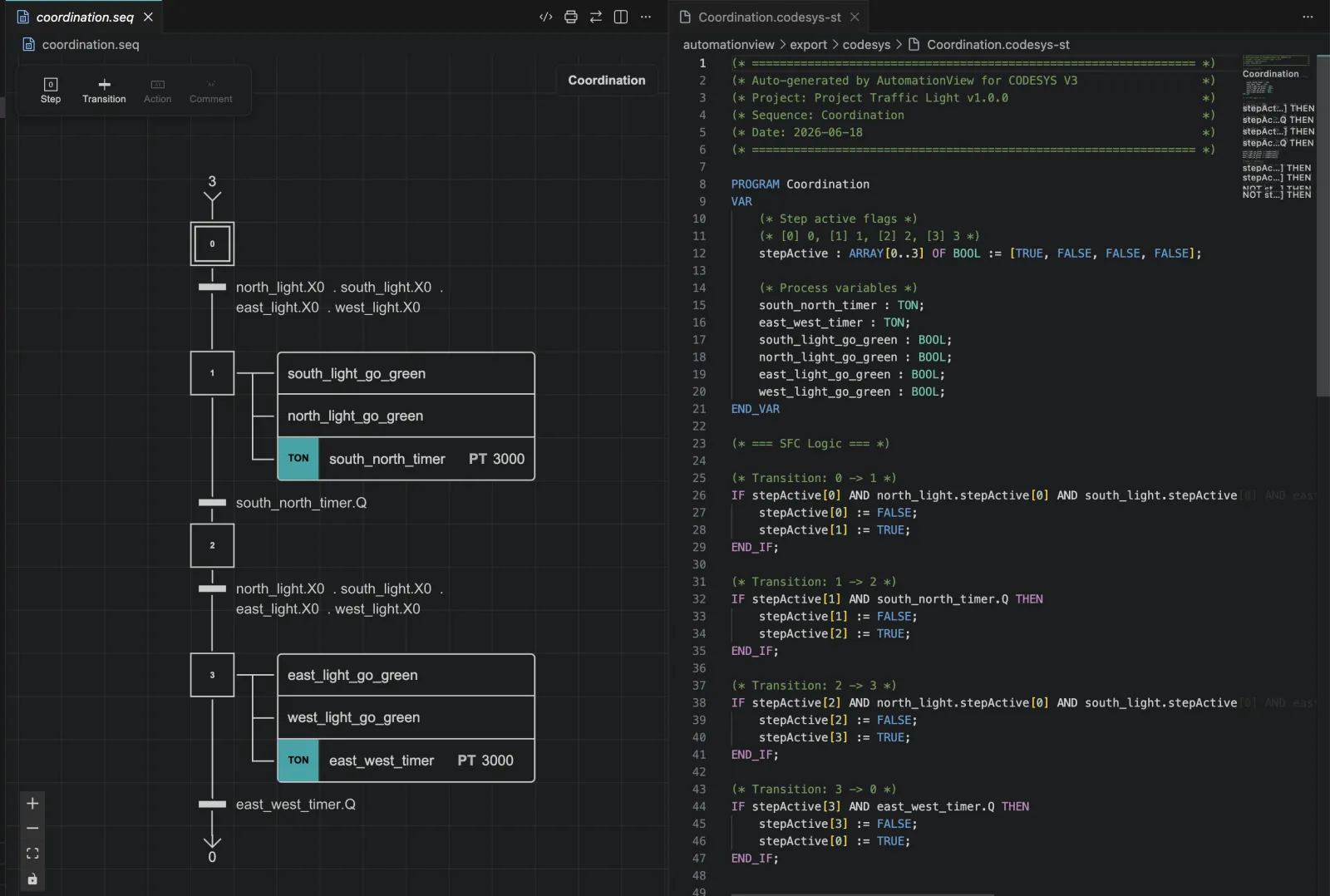 AutomationView generating CODESYS V3 Structured Text from a visual sequence