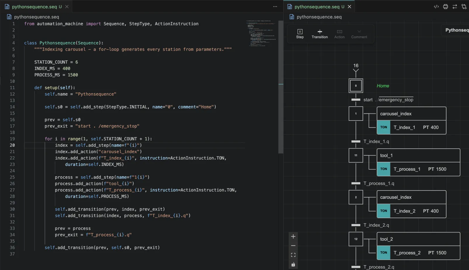 Python code generating a full GRAFCET sequence from parameters in AutomationView